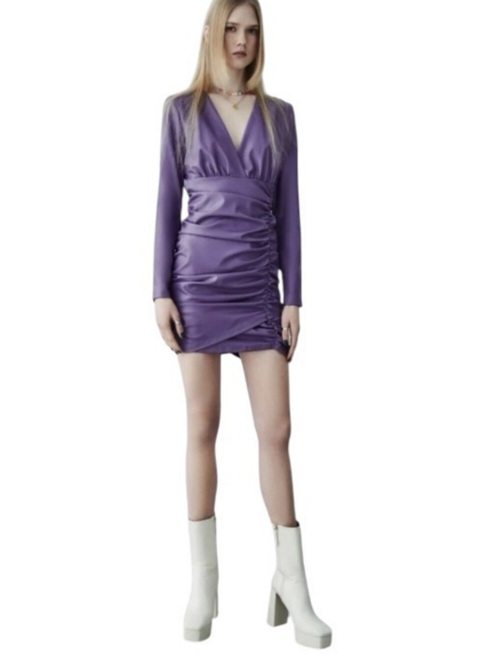 Zara Faux Leather Bodycon Mini Dress Purple Long Sleeve Ruched Small NWT